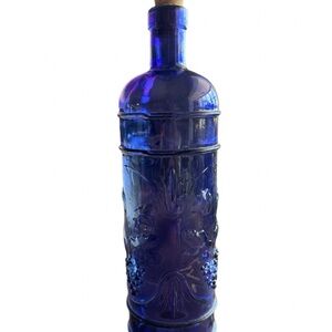 Cobalt Blue Glass Grapes Bottle With Cork  Recycled Glass 11.5"